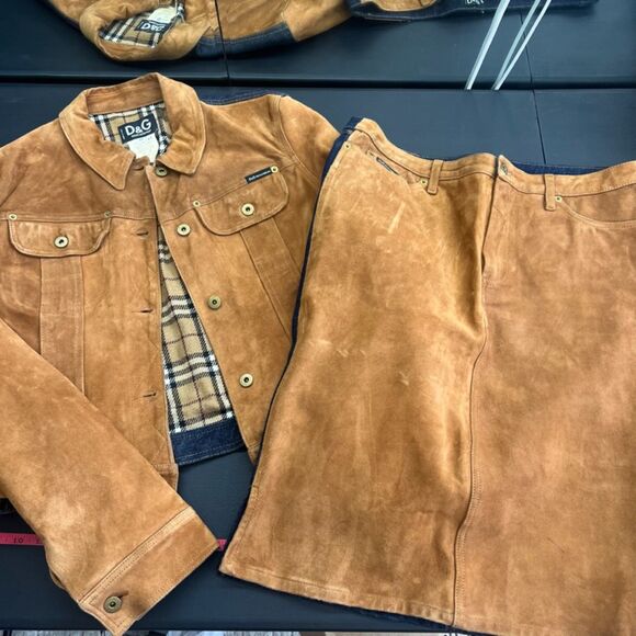 D&G Denim and Suede 2pc Skirt Suit 90s Size XL